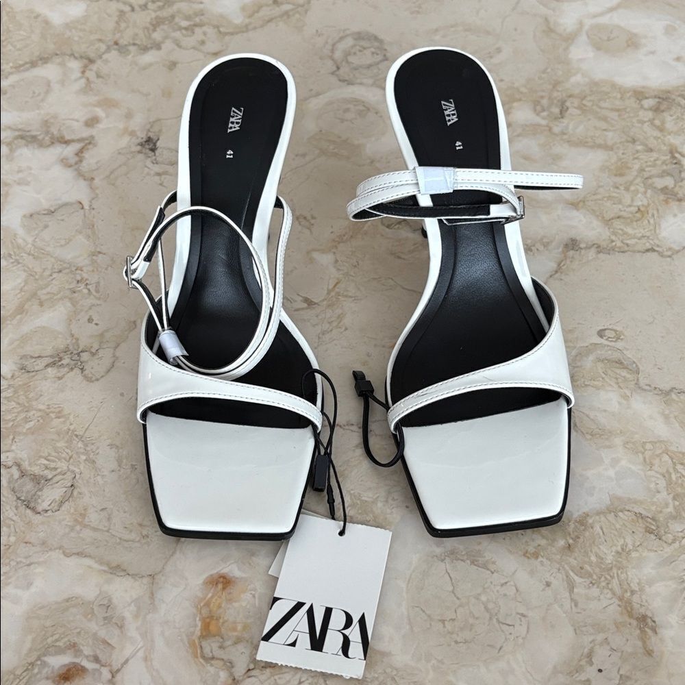 NWT Zara Strappy Patent Leather Asymmetrical Square Toe Heeled Sandals - Picture 3 of 8